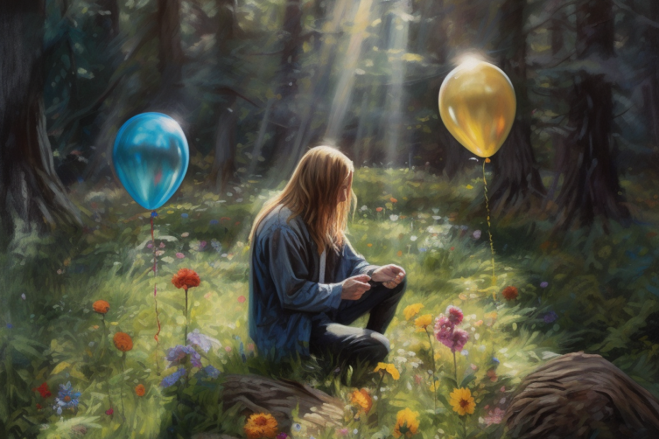 Man with long dark-blond hair praying in a forest, illuminated by the sun, with two birthday balloons